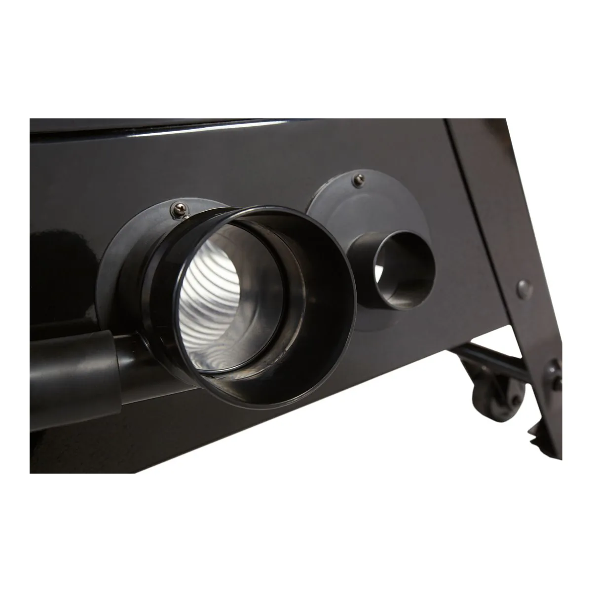 SawStop CNS175 dust collection panel with a hose seated in the 4 inch port and the 2-1/2 inch port beside it