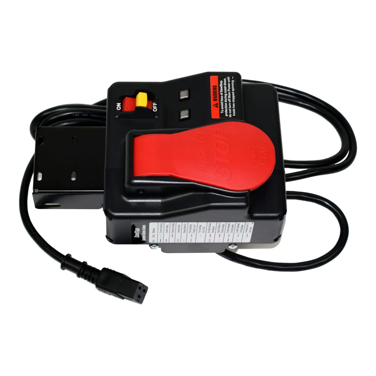 SawStop CNS175 switch box with the paddle stop, the bypass key, the status LEDs and the printed status code legend