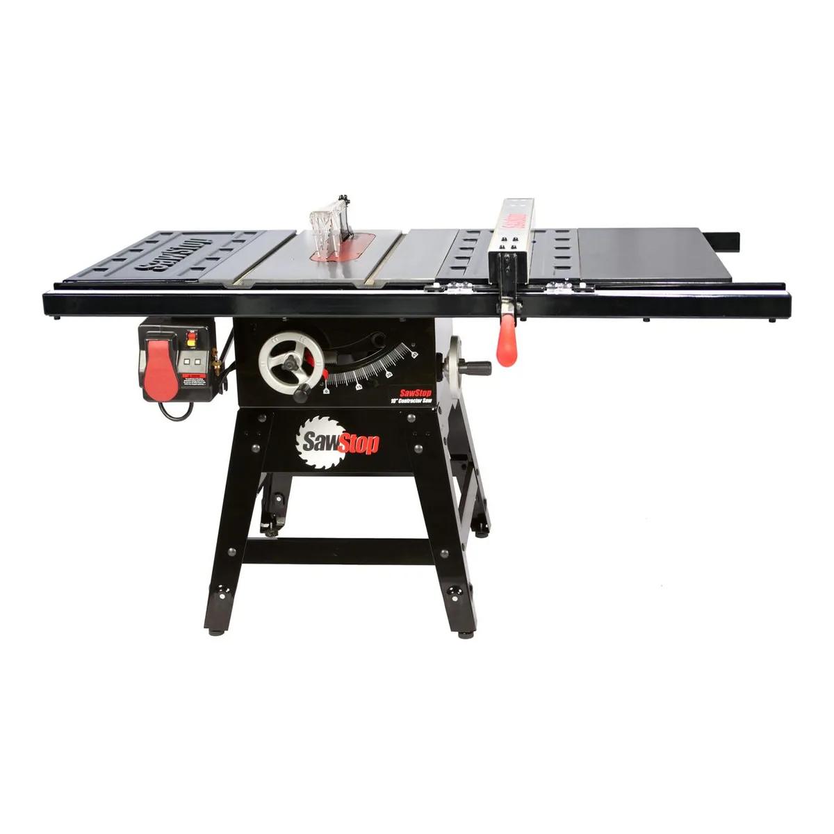 SawStop 10 inch Contractor Saw with a 30 inch premium fence and open leg stand, front view