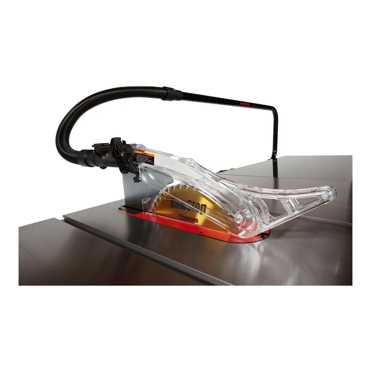 SawStop PCS175 dust collection blade guard over the blade, with the riving knife bracket and the red zero clearance insert