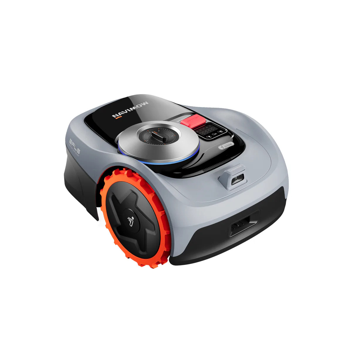Segway Navimow i105N robot lawn mower in light grey, with the EFLS positioning dome and the VisionFence camera on its flank