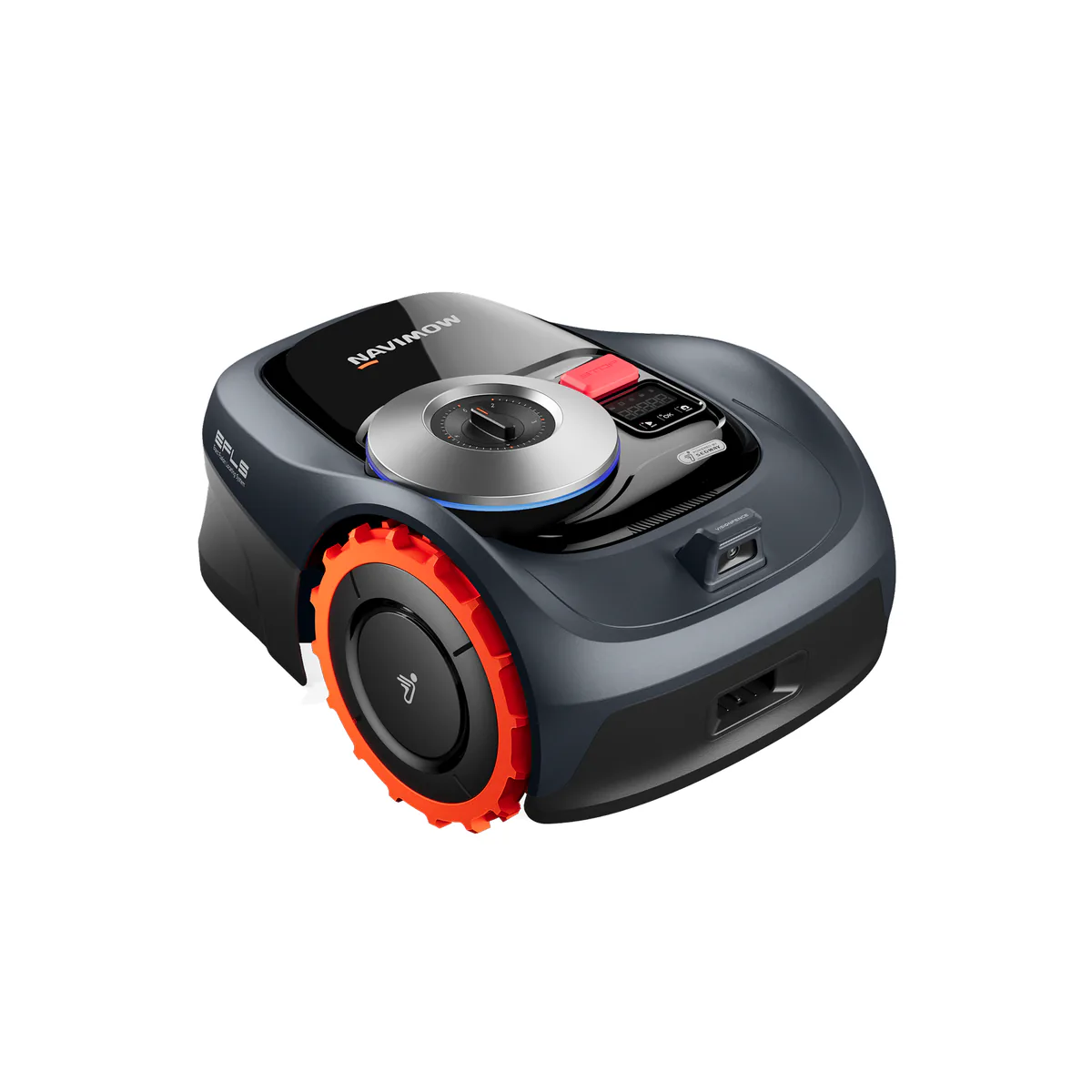 Segway Navimow i110N robot lawn mower in charcoal, with the EFLS positioning dome and the VisionFence camera on its flank