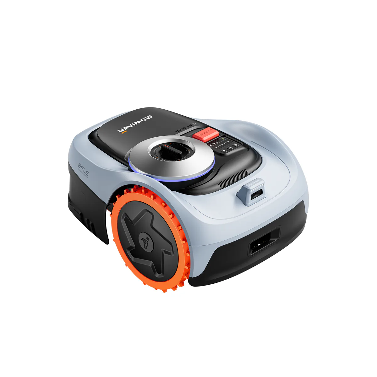 Segway Navimow i206 AWD robot lawn mower on its orange off-road drive wheel, with the EFLS positioning dome and VisionFence camera