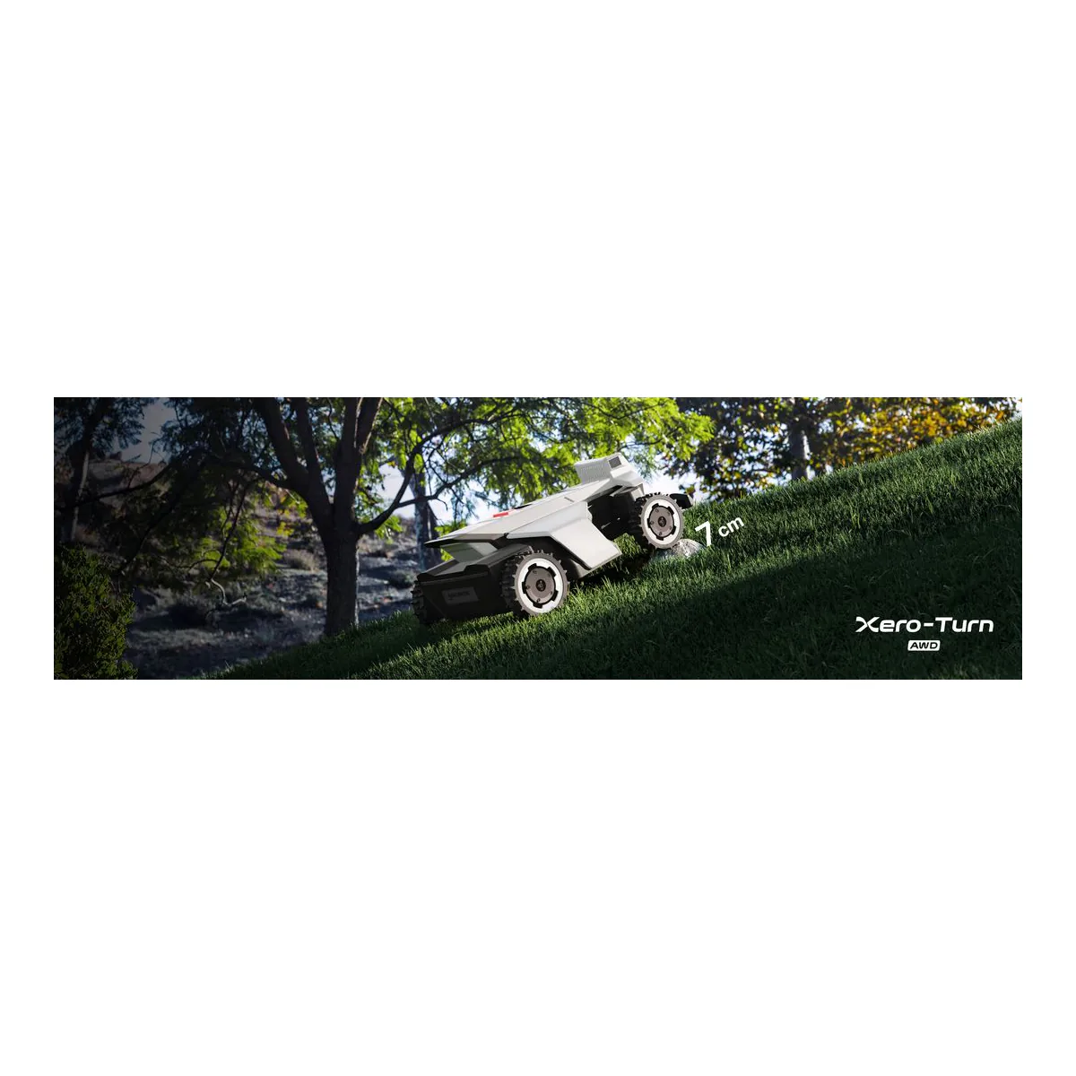Segway Navimow X430 robot lawn mower with all wheel drive climbing a grass slope
