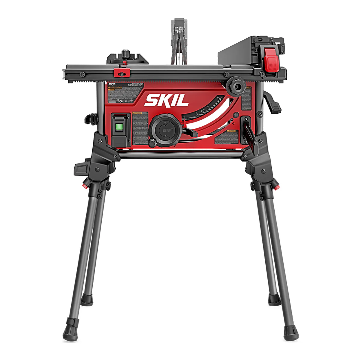 SKIL TS6307 portable jobsite table saw in red and black on integrated folding legs, front view