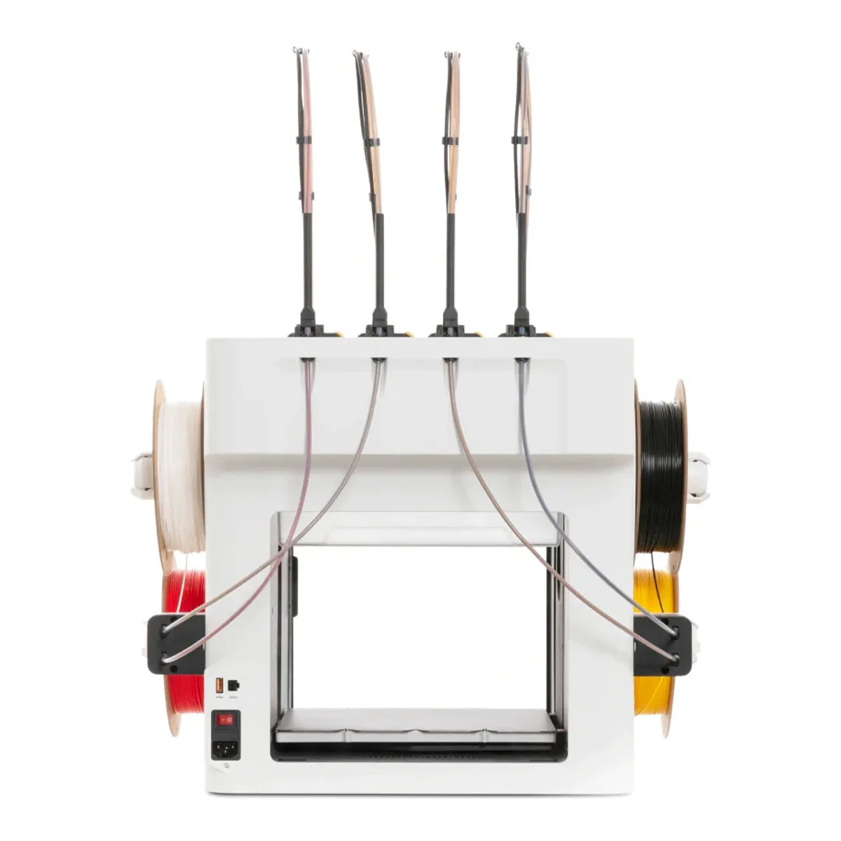 Rear of the Snapmaker U1 showing four filament tubes routed to the toolheads and the rear ports