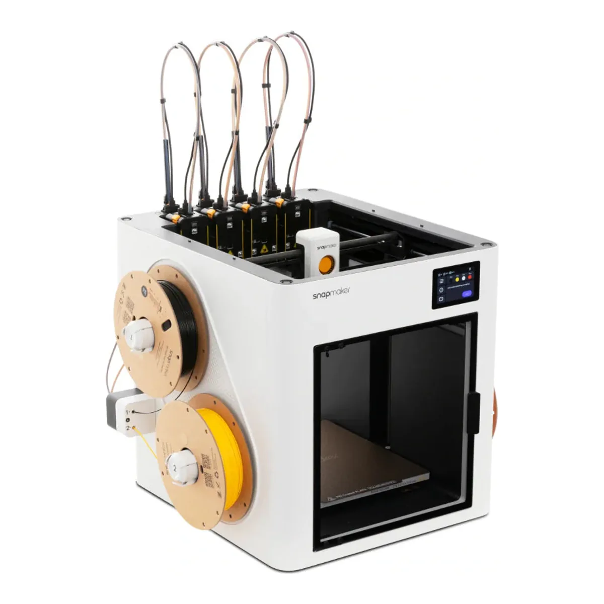 Snapmaker U1 four-toolhead toolchanger 3D printer, three-quarter view with side-mounted spools