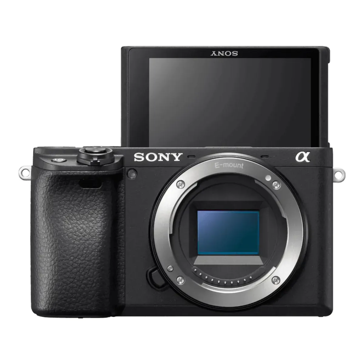 Sony Alpha 6400 body with its touchscreen tilted 180 degrees up over the top of the camera to face forward
