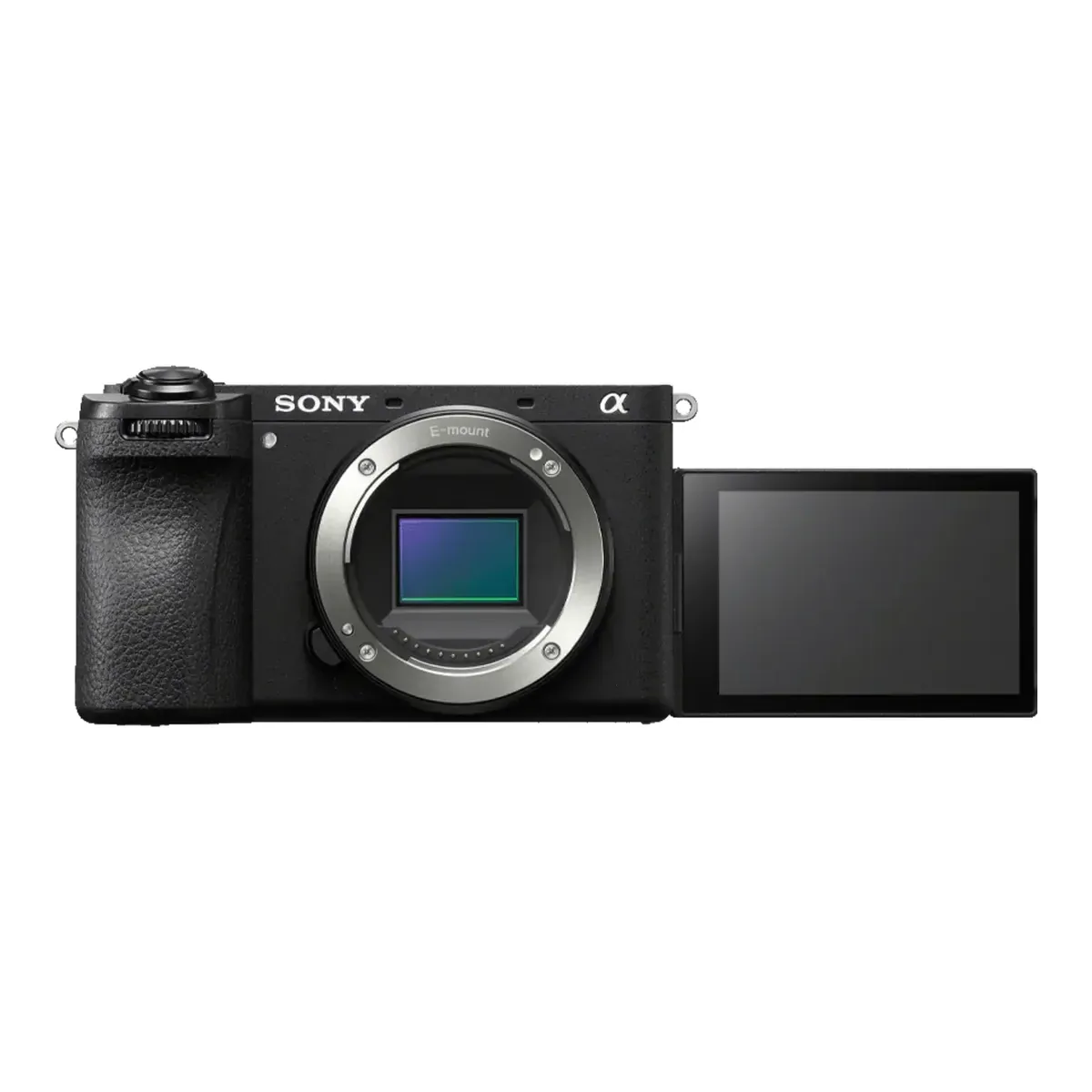 Sony Alpha 6700 body front view with its vari-angle touchscreen swung out to the side of the camera