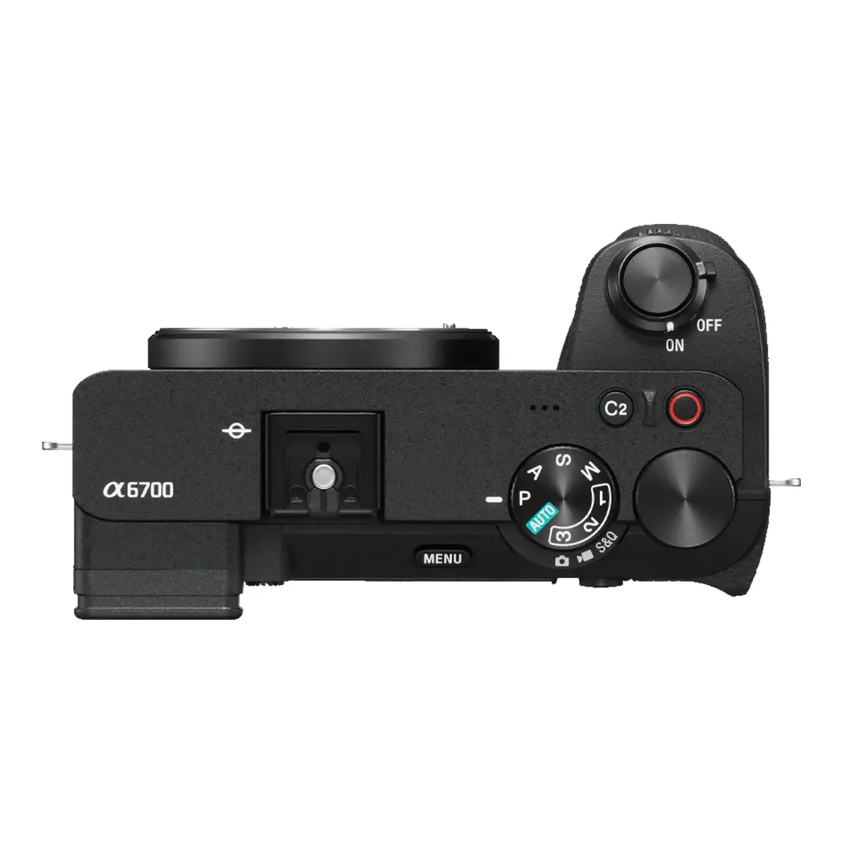 Top plate of the Sony Alpha 6700 with the mode dial, C2 and record buttons and the model name on the left