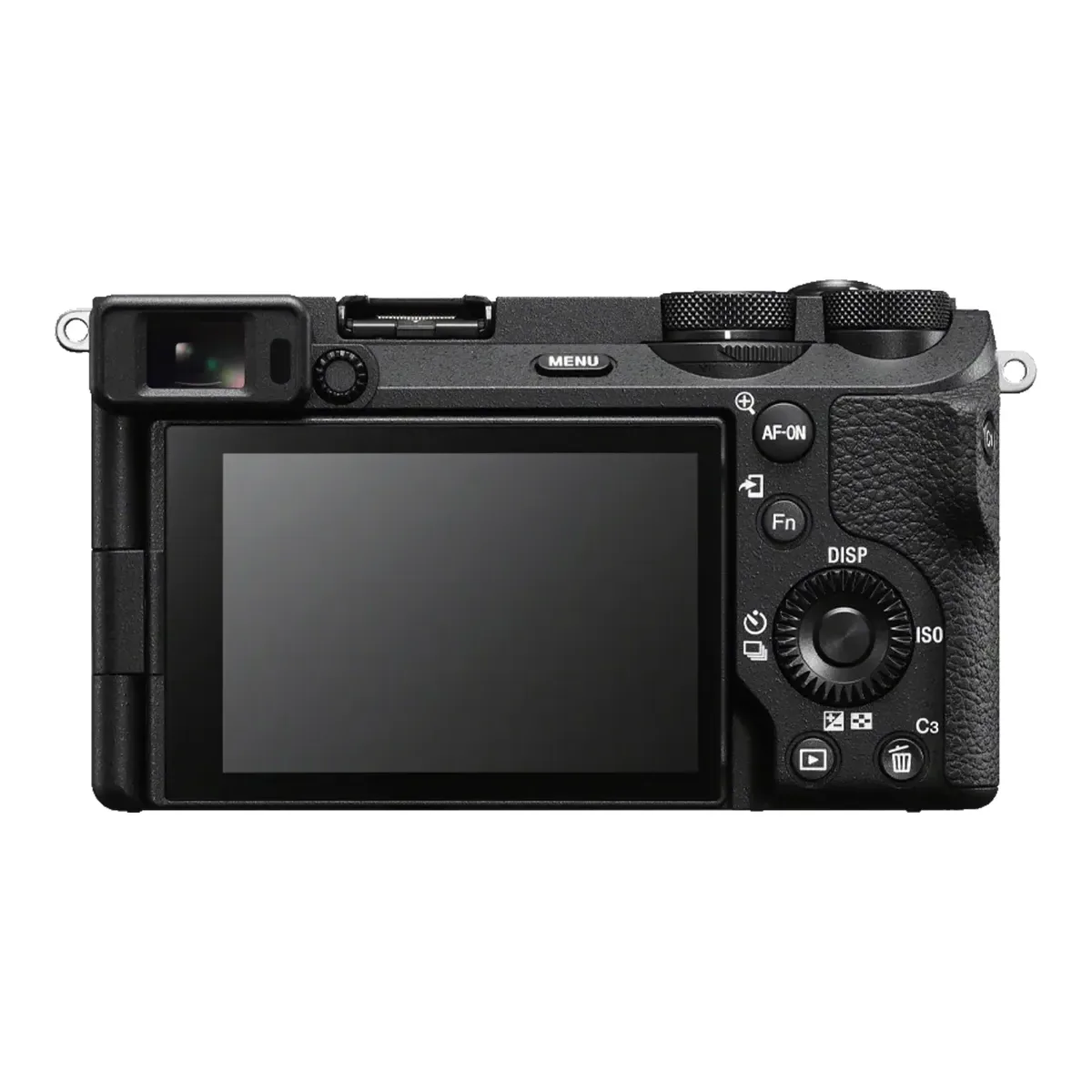 Rear of the Sony Alpha 6700 showing the AF-ON and Fn buttons, a control wheel and C3, with the viewfinder at the top left