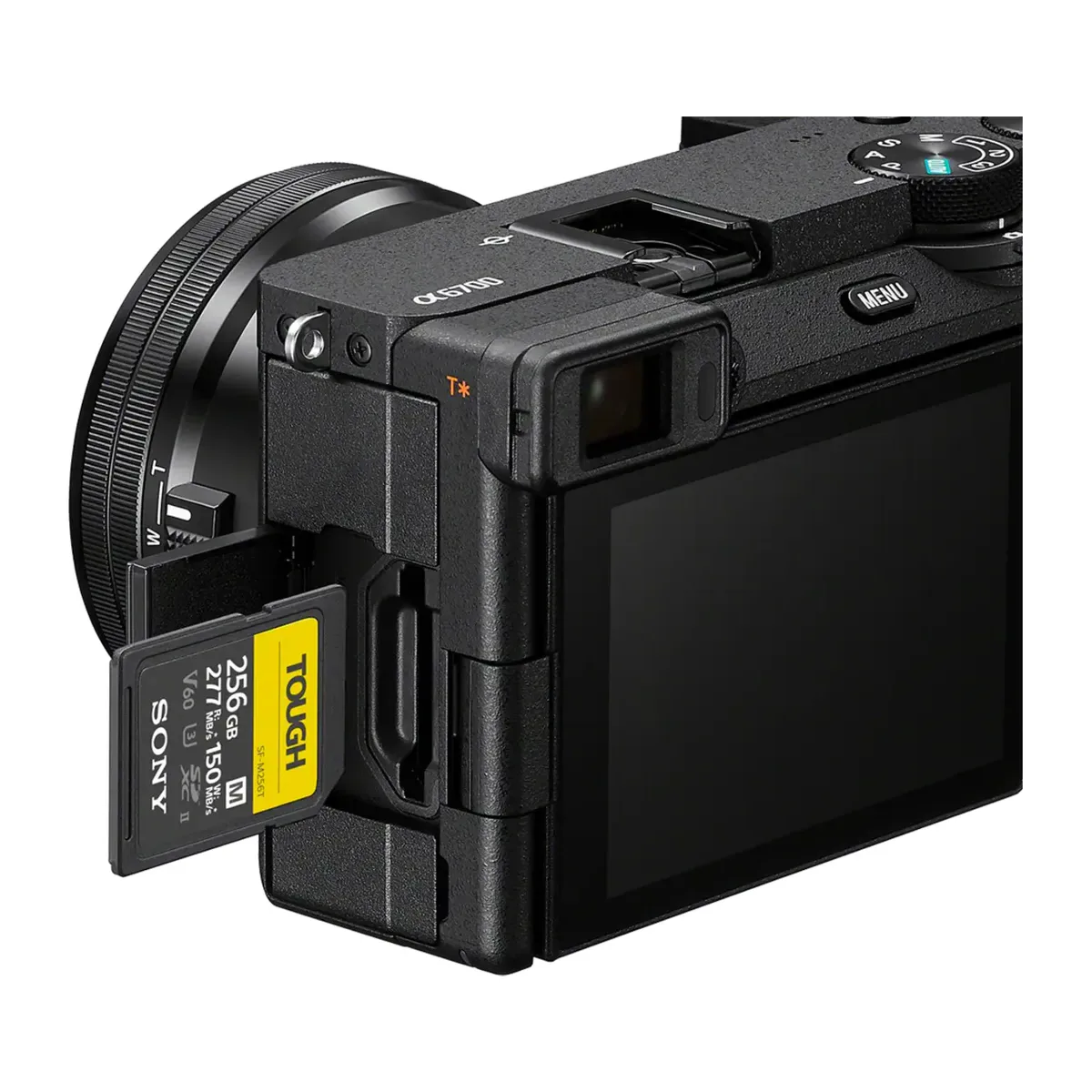 Sony Alpha 6700 side door open with a Sony SDXC card sliding into its single memory card slot, shown with a power zoom lens fitted