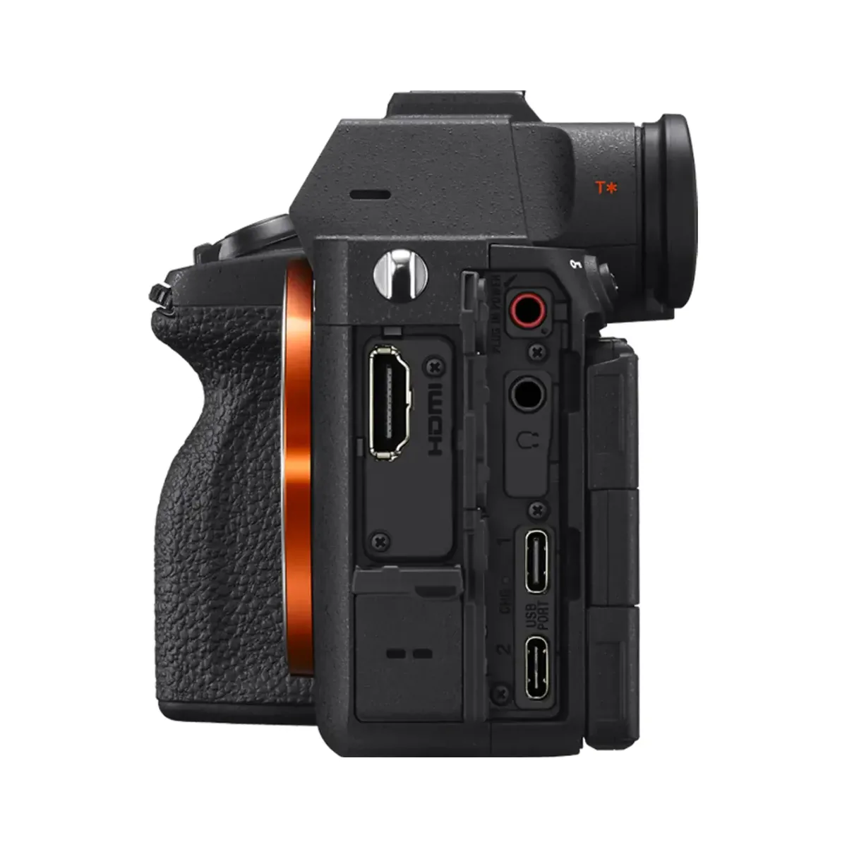 Sony Alpha 7 V side panel open, showing a full-size HDMI port, mic and headphone jacks and two numbered USB-C ports