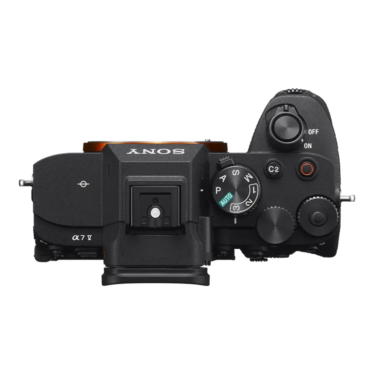Top plate of the Sony Alpha 7 V with the mode dial, C2 button, record button and the model name beside the viewfinder hump