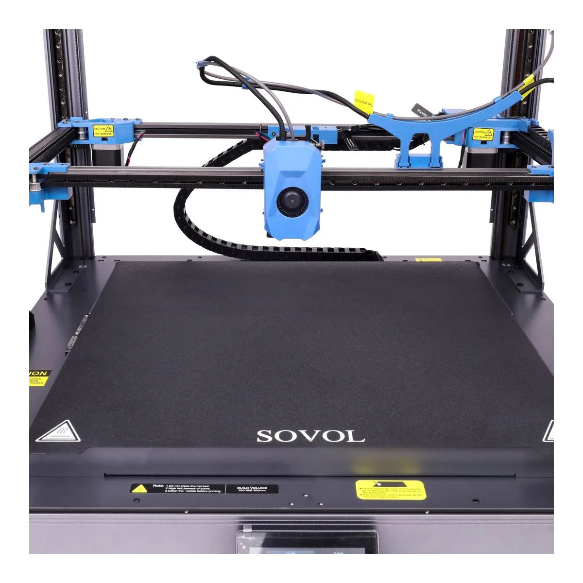 Sovol SV08 Max 500 mm PEI build plate with the blue toolhead above it on the X gantry