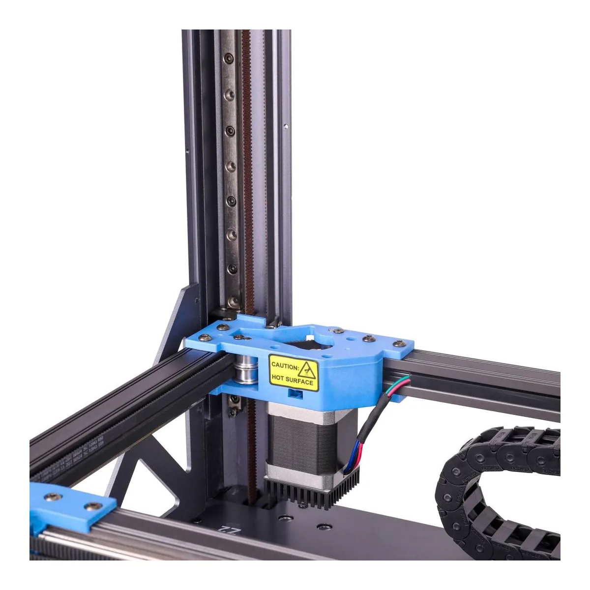 One corner of the Sovol SV08 Max frame showing a vertical linear rail, a toothed Z belt and a stepper motor