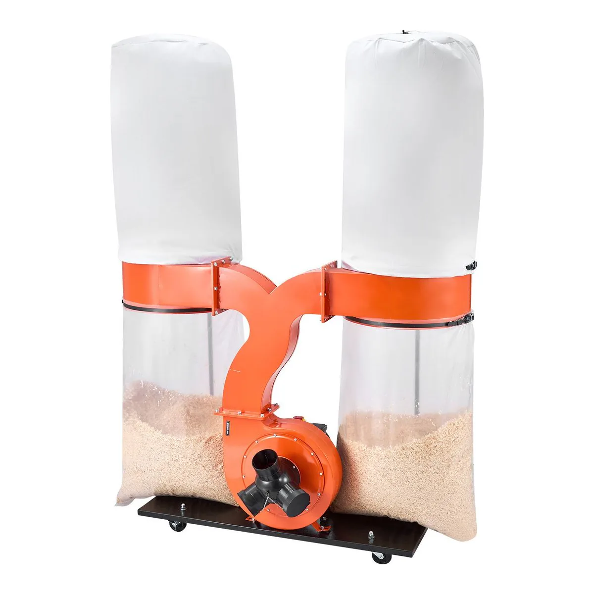 VEVOR 1550 CFM vortex cone dust collector with two filter bags and two collection bags flanking a central blower