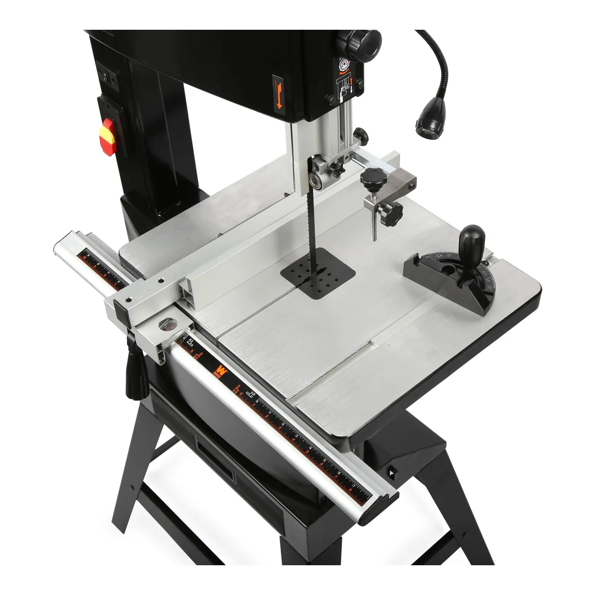 WEN BA1487 bandsaw table with the rip fence clamped to its front rail, the miter gauge in the slot and the guard set close to the table