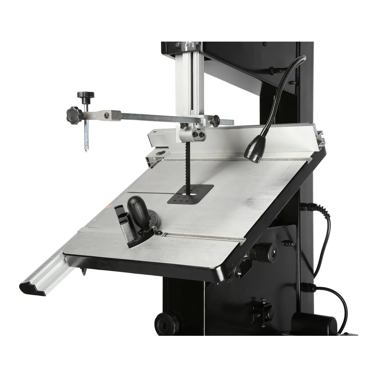 WEN BA1487 cast aluminum table tilted toward its 45 degree bevel stop, showing the trunnion casting and the lock knob underneath