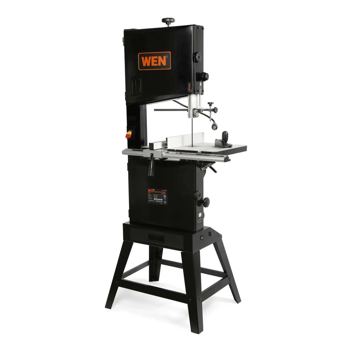 WEN BA1487 14-inch two-speed band saw with black stand and cast-aluminum table, front view
