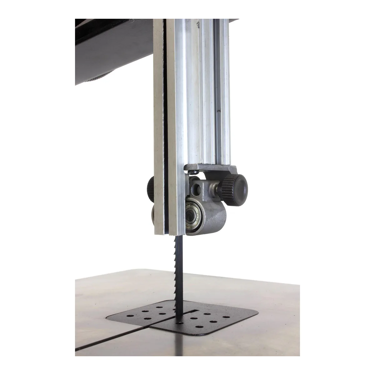 WEN BA3962 bandsaw upper blade guide assembly, with a ball bearing thrust guide and two knurled adjustment knobs above the table insert plate