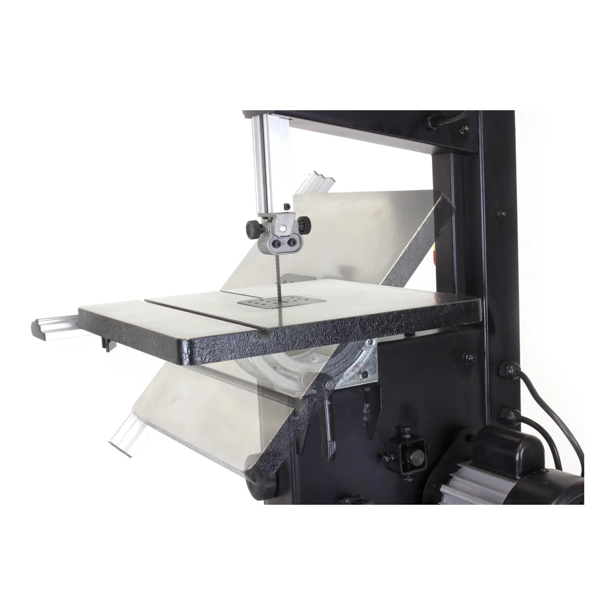 WEN BA3962 bandsaw work table ghosted through its bevel travel, showing the stamped bracket, the angle scale and the lock lever