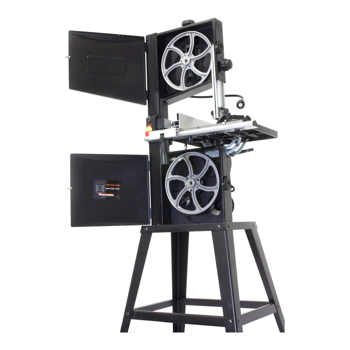 WEN BA3962 bandsaw with both wheel doors open, showing the upper and lower wheels and the two speed pulley chart inside the lower door