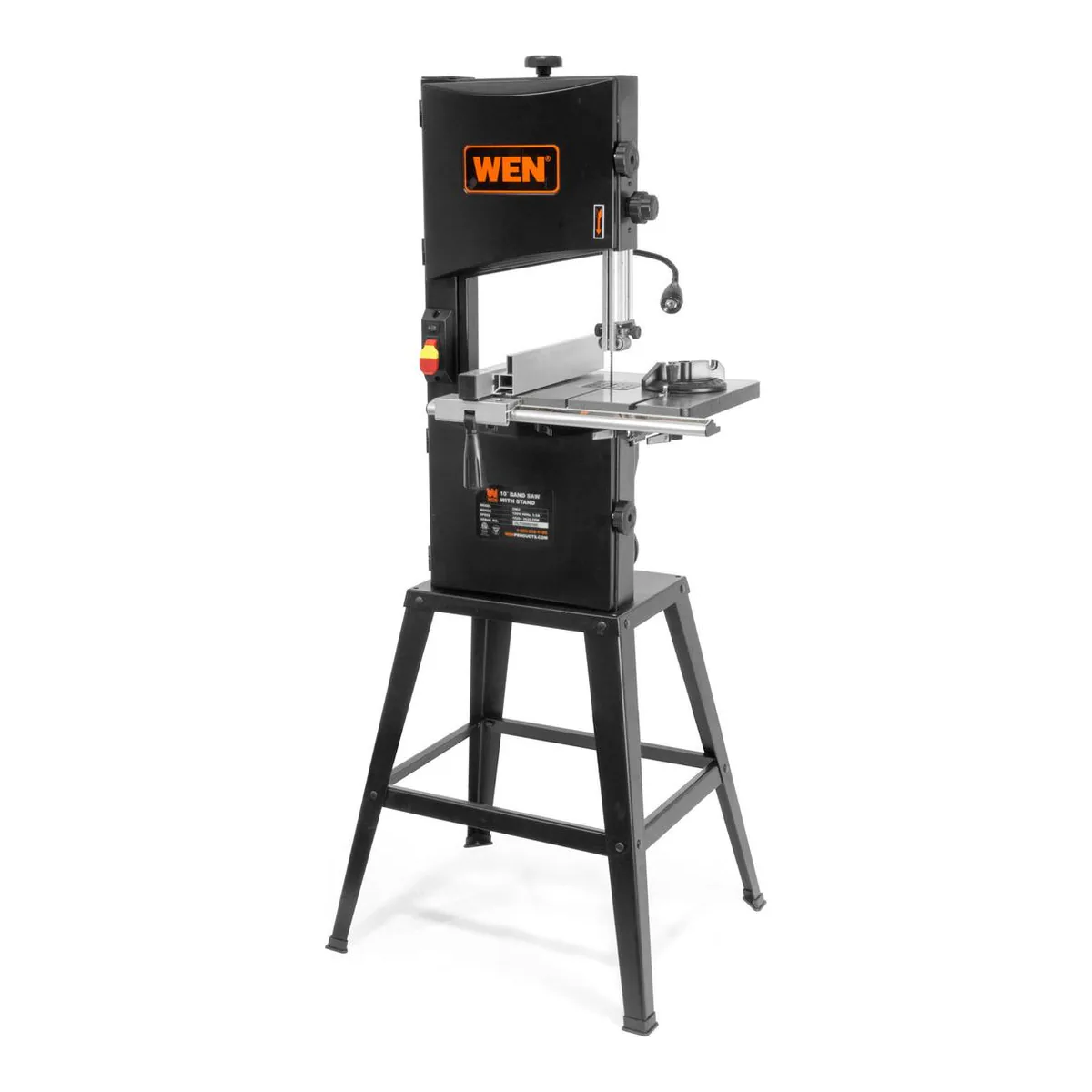 WEN BA3962 10-inch two-speed band saw mounted on its included floor stand with worklight