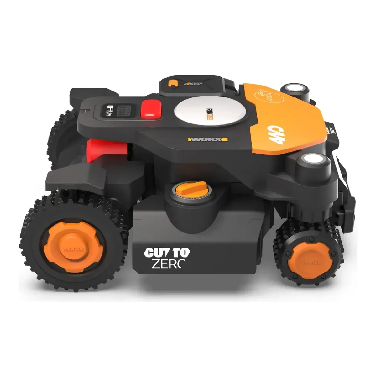 WORX WR342 seen head-on, with the Cut-to-Zero housing mounted between the front wheels below the RTK dome and control panel
