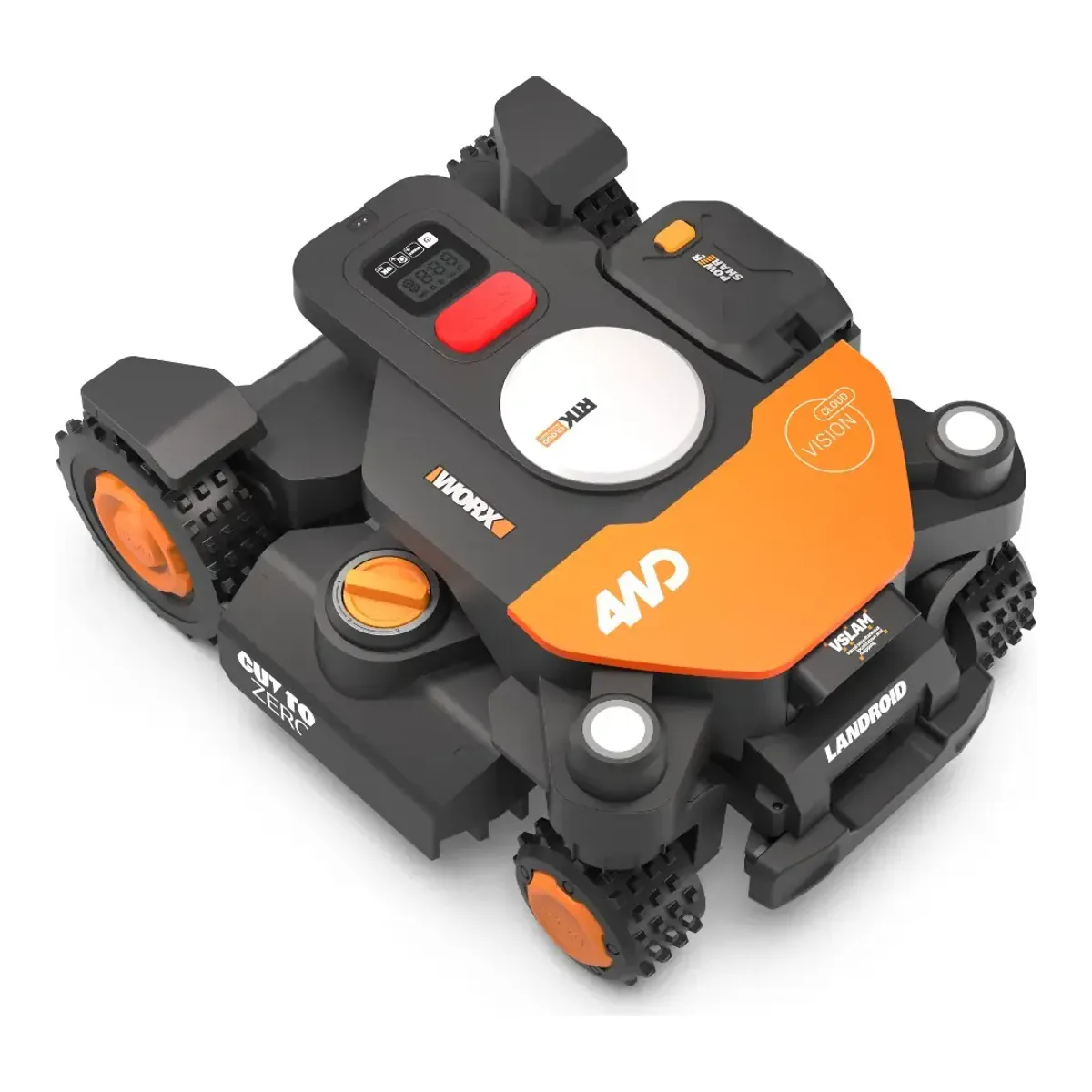 WORX WR342 from above showing the RTK Cloud dome and the PowerShare battery bay on the orange cutting deck housing