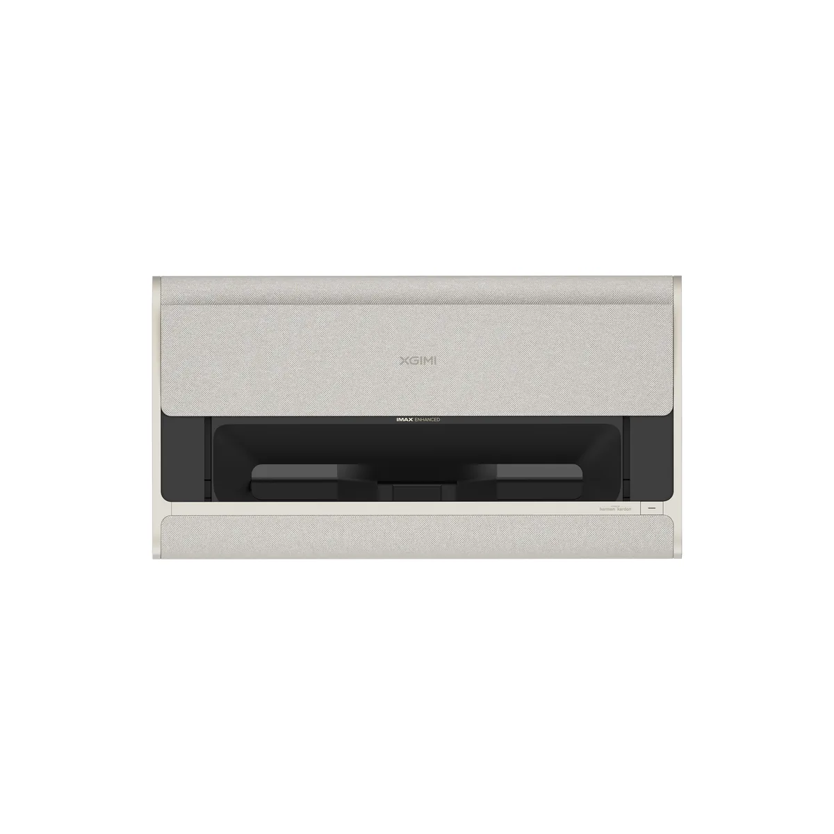 Top view of the XGIMI AURA 2 with the sliding lid open, showing the recessed lens bay and the IMAX Enhanced label