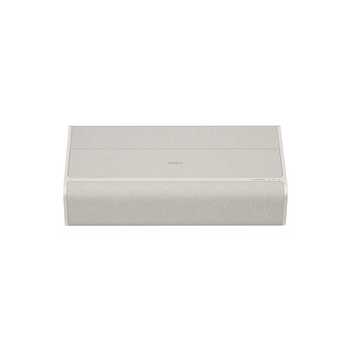 XGIMI AURA 2 ultra short throw projector from the front with the lid closed, fabric covering the top and the front speaker grille
