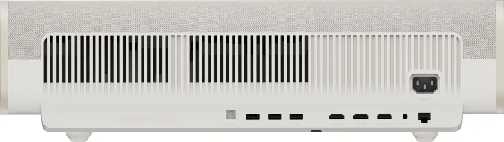 XGIMI AURA 2 rear panel with optical out, three USB ports, three HDMI inputs, a 3.5mm headphone jack, LAN and the power inlet