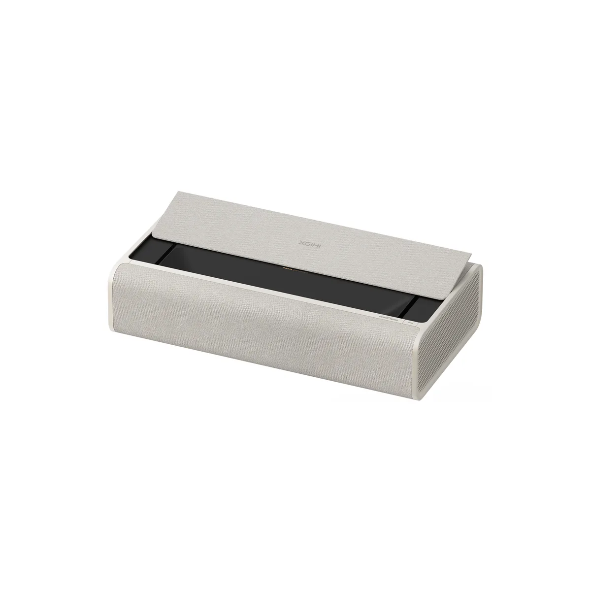 XGIMI AURA 2 ultra short throw 4K laser projector in Moonlight Sand fabric, three quarter view with the sliding lid open over the lens