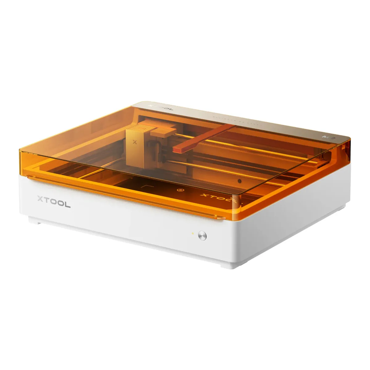 xTool M2 10W enclosed laser engraver with amber Class 1 lid, three quarter view
