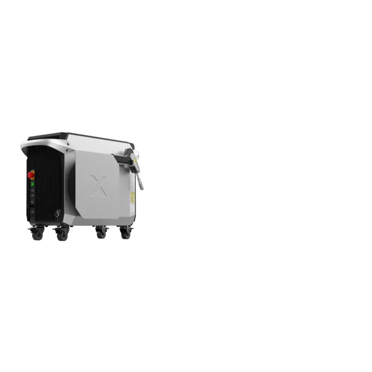 xTool MetalFab 1200W laser welder and CNC cutter cabinet on casters with the handheld welding gun holstered on top