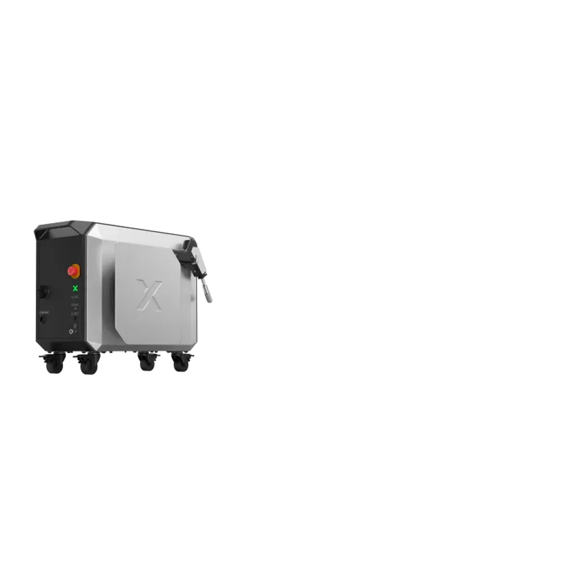 xTool MetalFab 800W laser welder and CNC cutter cabinet on casters with the handheld welding gun holstered on top